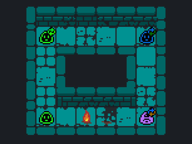 Four slimes and a bonfire in a room.